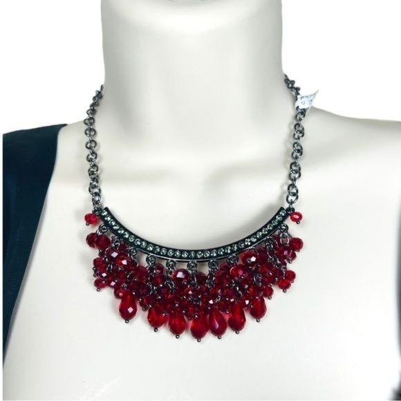 Womens Fashion Garnet Colored Faceted Beads Fringe Hematite Rhinestones Drop Bib - Picture 2 of 5